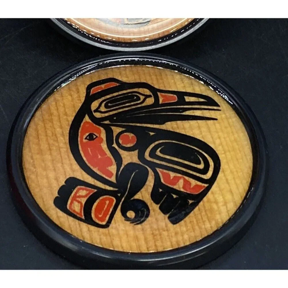 BOMA Coasters Lot 4 With Totem Holder Red Cedar Made In Canada First Nation